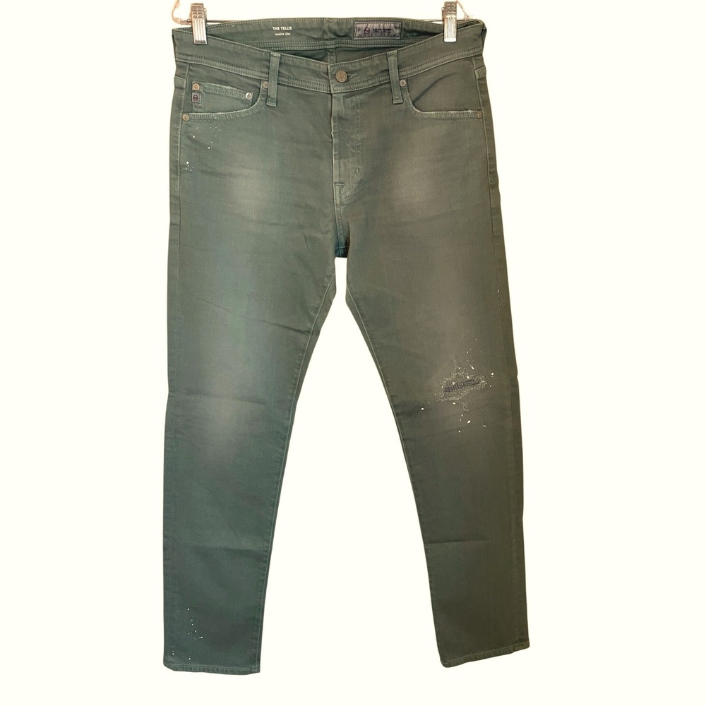 AG Adriano Goldschmied Tellis Slim Jeans Paint Detail Size 32 Blue Green